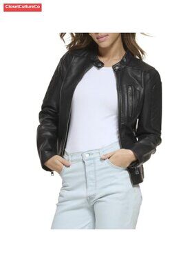 Faux Leather Motocross Racer Jacket Zip Snap Collar Moto